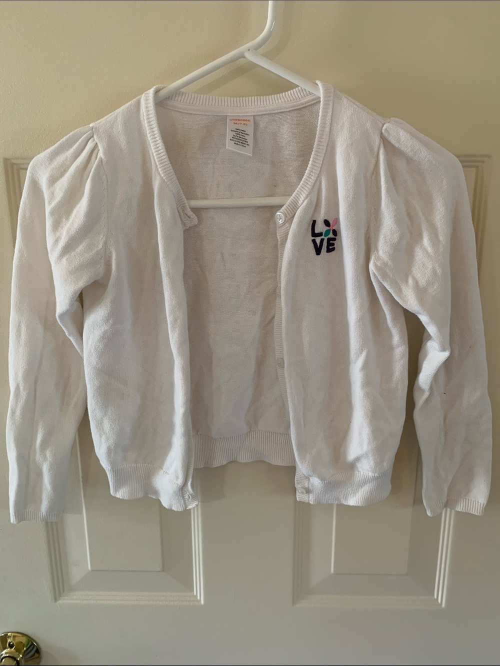 Gymboree White cardigan with small multicolor "LOVE" embroidery